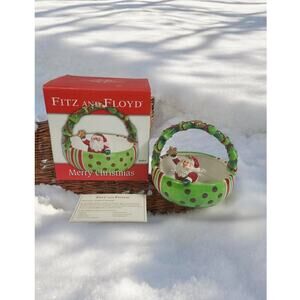 Fitz & Floyd Ceramic Basket Merry Christmas Santa Candy Trinket Dish